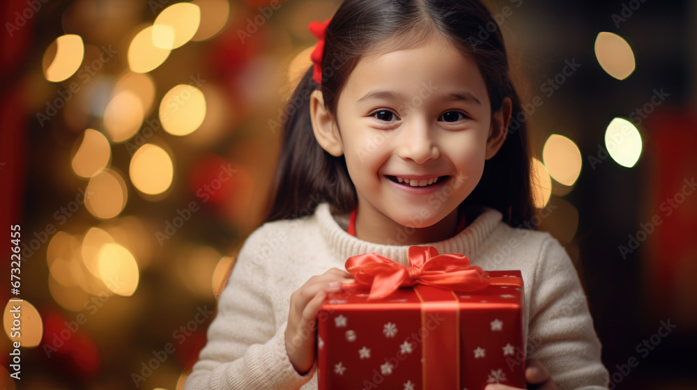 A joyful child with curly hair, dressed in red, holds a Christmas gift with a sparkling bokeh light background. A joyful child with curly hair, dressed in red, holds a Christmas gift with a sparkling bokeh light background.