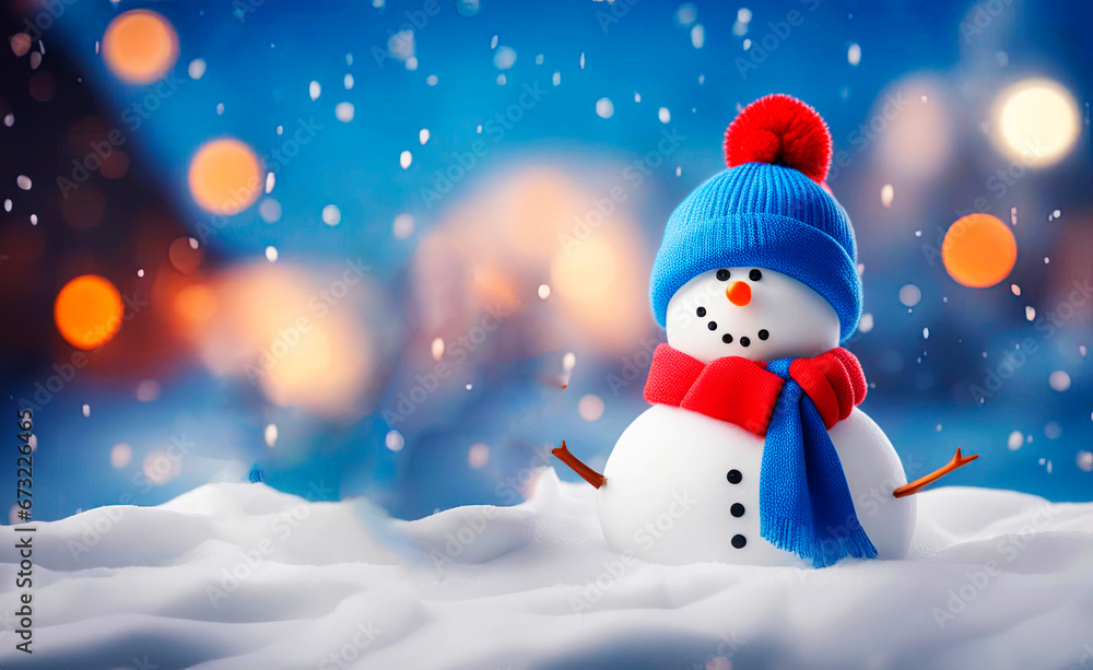 Fototapeta premium Merry Christmas and Happy New year greeting card with copy-space. Happy snowman standing in snow background.