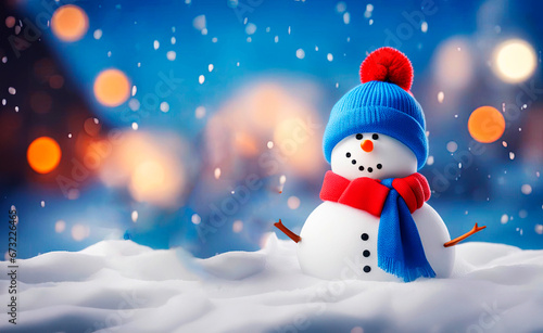 Merry Christmas and Happy New year greeting card with copy-space. Happy snowman standing in snow background.