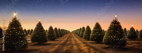 Rows of meticulously aligned Christmas trees stand tall on a farm, bathed in the golden glow of sunrise.