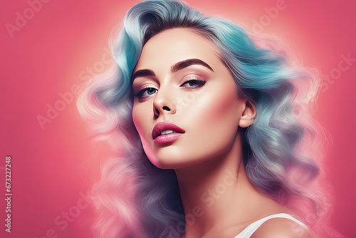 portrait of beautiful woman portrait of beautiful woman beauty portrait of woman with bright blue eyes, curly hair, with pink lips. © Shubham