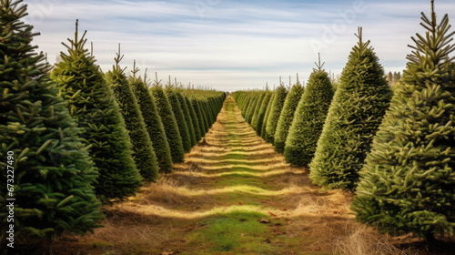 Rows of meticulously aligned Christmas trees stand tall on a farm, bathed in the golden glow of sunrise.