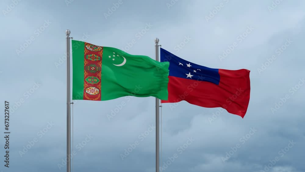 Samoa and Turkmenistan flag waving together on cloudy sky, endless seamless loop, two country cooperation concept Samoa and Turkmenistan flag waving together on cloudy sky, endless seamless loop, two country cooperation concept