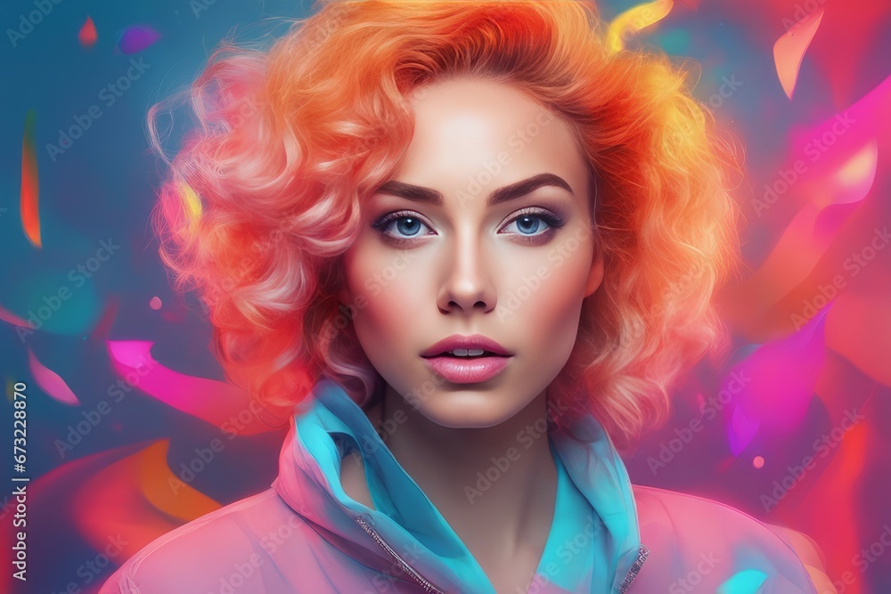 portrait of young woman with curly blonde hair and colorful makeup portrait of young woman with curly blonde hair and colorful makeup beautiful girl with colorful curly hair and creative makeup.