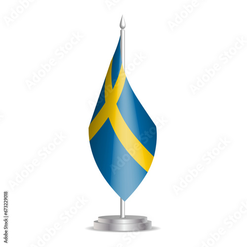 Sweden flag - 3D mini flag hanging on desktop flagpole. Usable for summit or conference presentaiton. Vector illustration with shading.