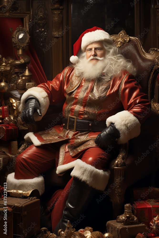 Santa's Festive Look: Detailed Portrayal in Leather/Hide Style with Realistic Detailing