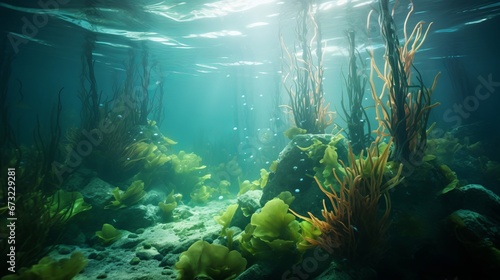 Algae under water. Seabed landscape.