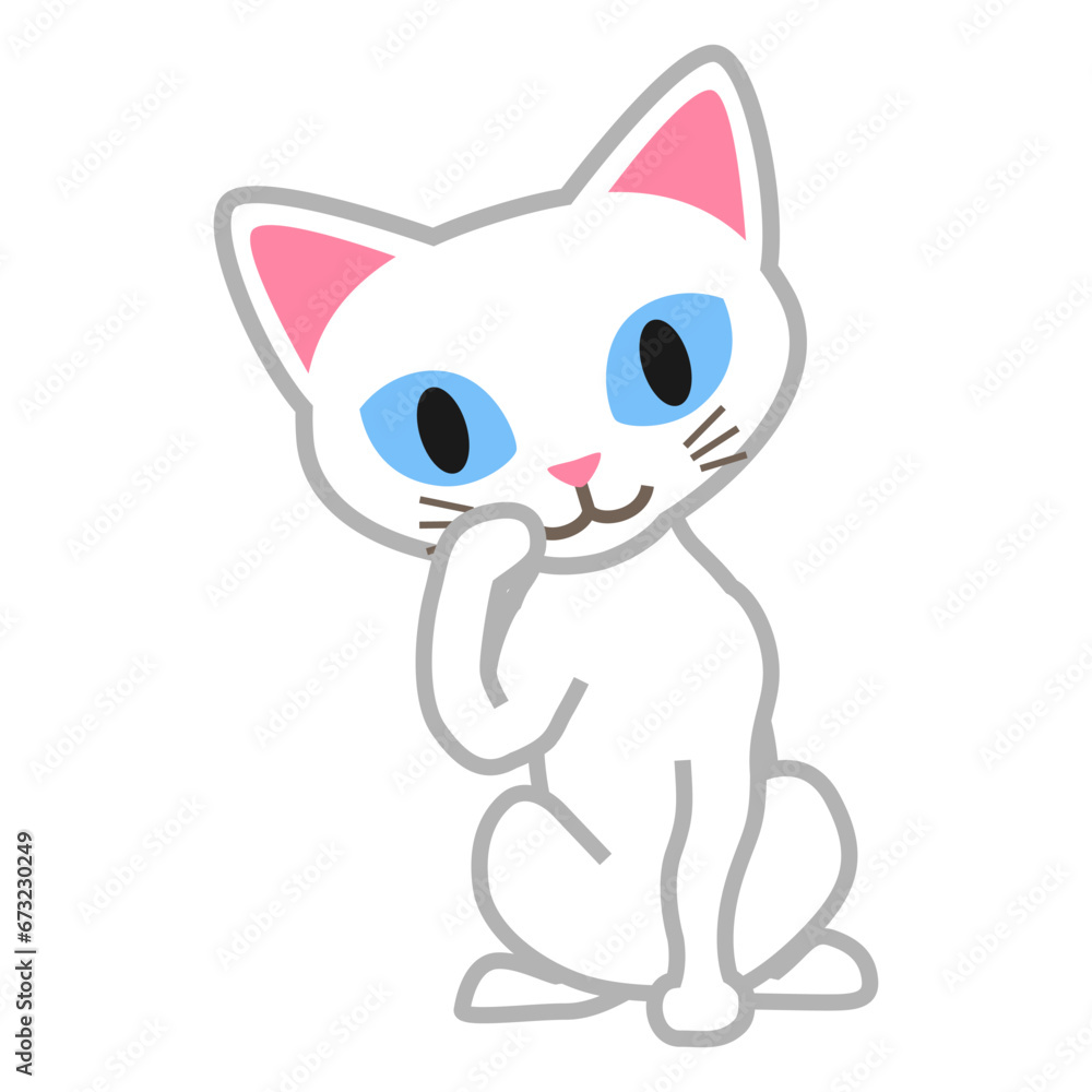 White cat sitting with a paw on its face - cartoonish clip art White cat sitting with a paw on its face - cartoonish clip art