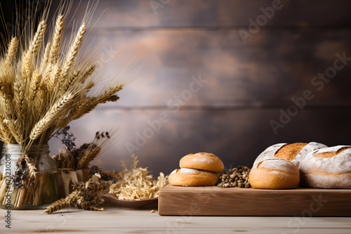 Wooden Table Decorated with Bakery Theme, Flour, and Bread