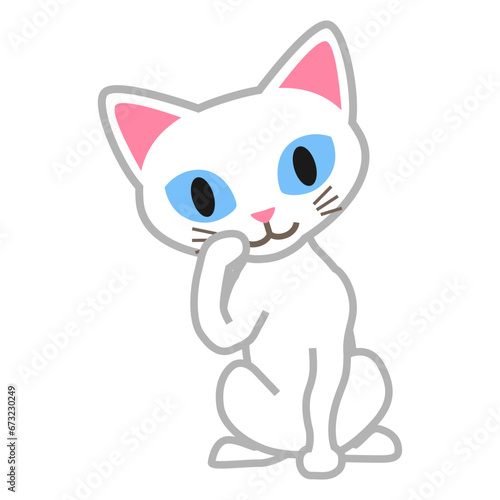 White cat sitting with a paw on its face - cartoonish clip art