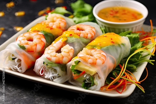 Close up Vietnamese spring rolls with tender chicken, tiger prawns, rice noodles with Sesame sauce
