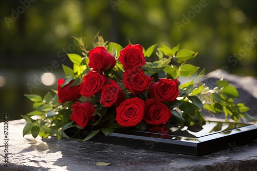 Red roses on black granite tombstone in the park, funeral concept