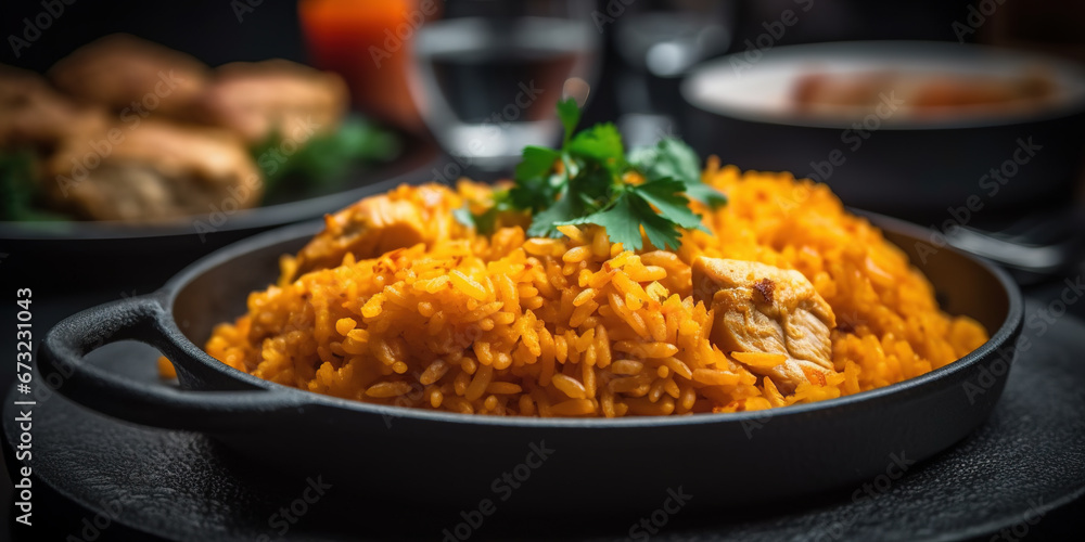 Delicious Chicken Dish with Rice Carots on Blurry Background Delicious Chicken Dish with Rice Carots on Blurry Background