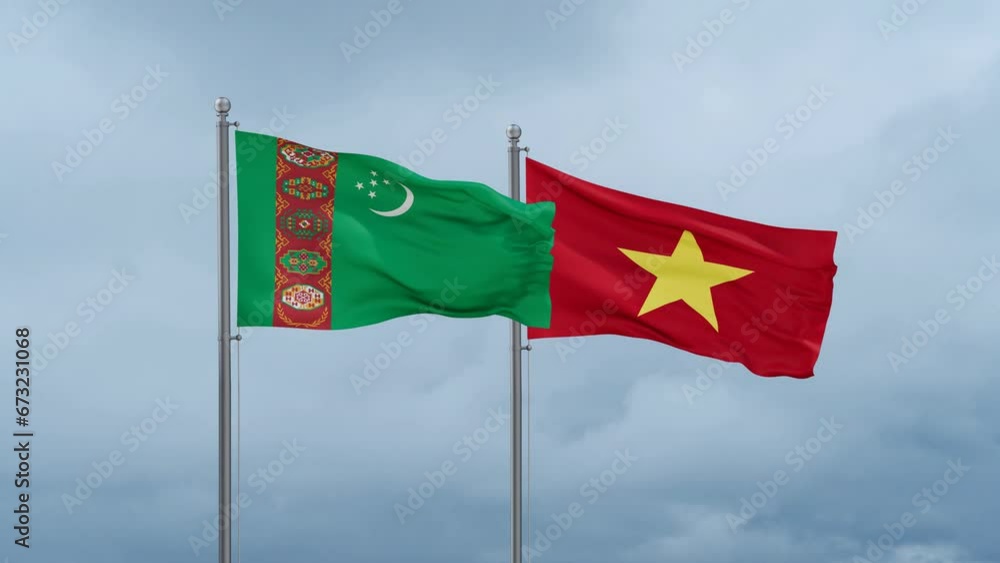 Vietnam and Turkmenistan flag waving together on cloudy sky, endless seamless loop Vietnam and Turkmenistan flag waving together on cloudy sky, endless seamless loop