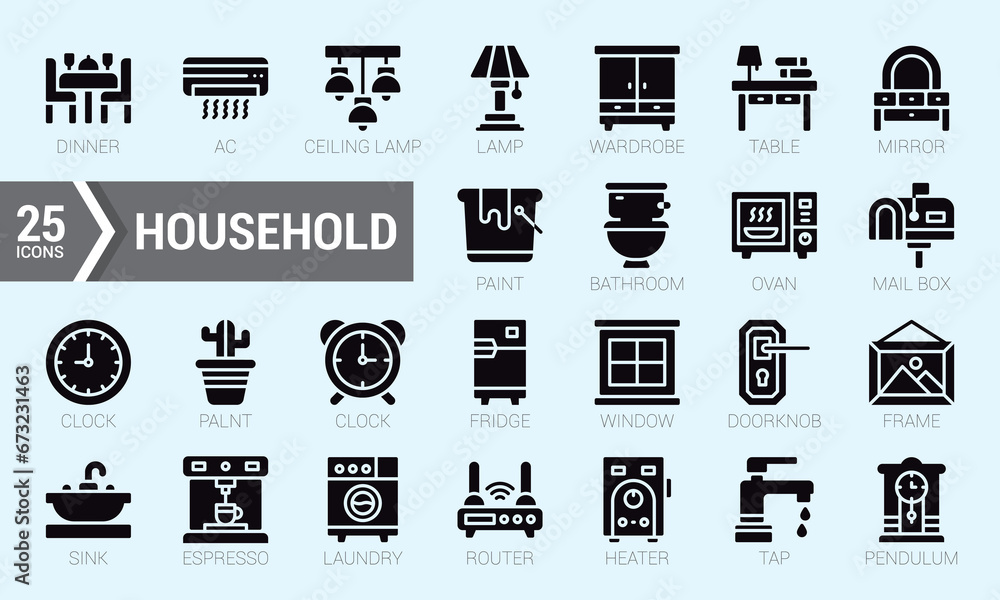 Set Of Household. Glyph Icons Pack. Vector Illustration. Set Of Household. Glyph Icons Pack. Vector Illustration.