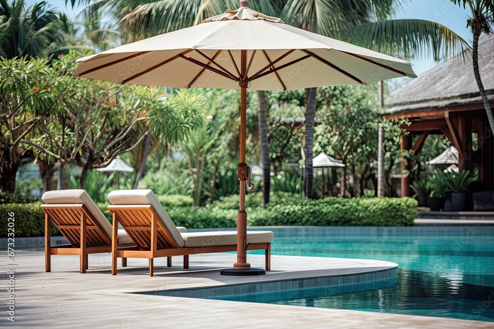 Umbrella and chair around outdoor swimming pool