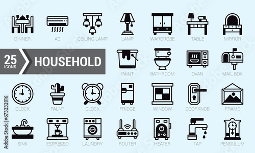 Set Of Household. Lineal Filled Icons Pack. Vector Illustration.