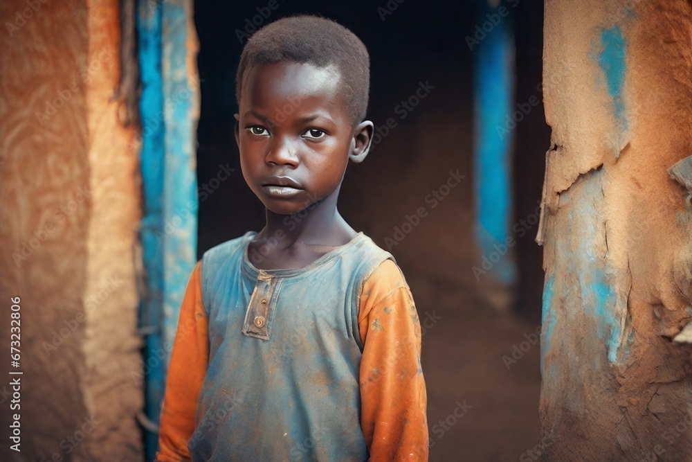 portrait of young african boy portrait of young african boy young boy in a village - obrazy, fototapety, plakaty 