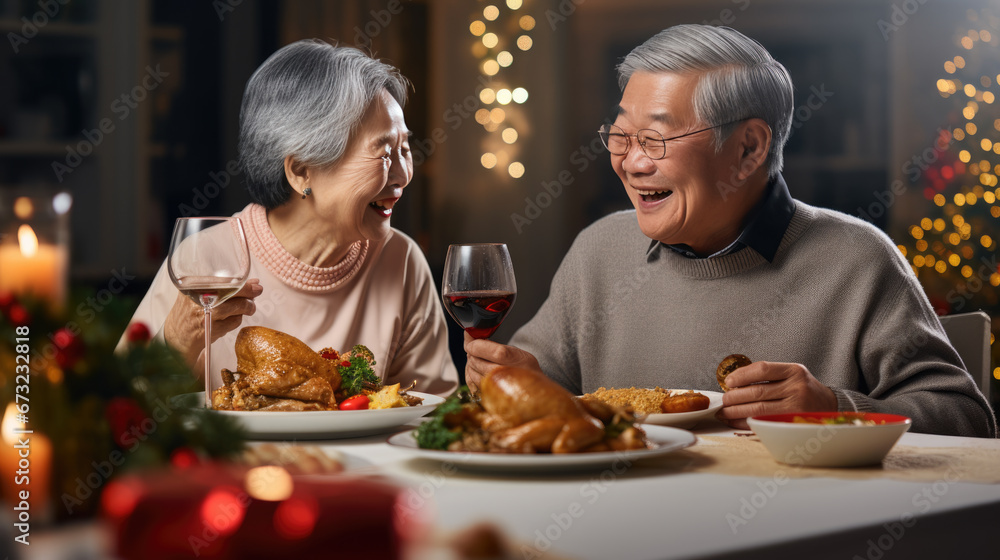 An elderly couple shares a joyful dinner at home, laughing and bonding over candlelit delicacies and wine.