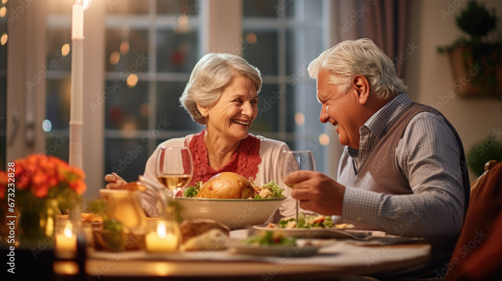 An elderly couple shares a joyful dinner at home, laughing and bonding over candlelit delicacies and wine. An elderly couple shares a joyful dinner at home, laughing and bonding over candlelit delicacies and wine.