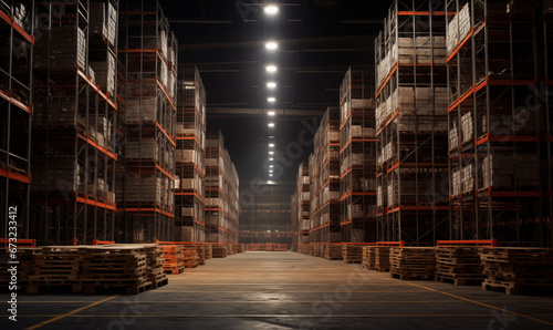  Rows of crates in large indoor warehouse
