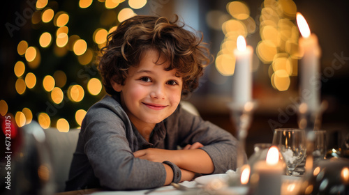 Cheerful boy in a red sweater is smiling at the Christmas dinner table, with lit candles and a decorated tree in the background, contributing to a festive atmosphere.