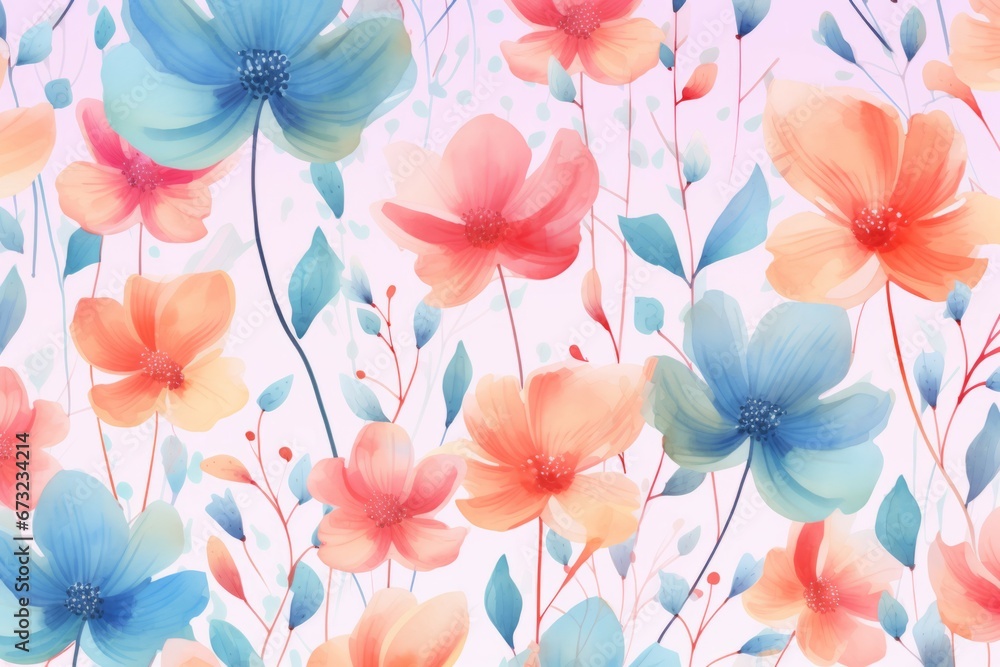 Obraz premium Seamless pattern of flowers with pink blue and orange background. Pink flowers background. 
