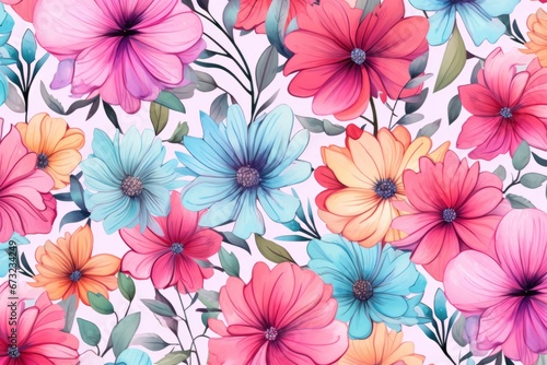 Seamless pattern of flowers with pink blue and orange background. Pink flowers background. 