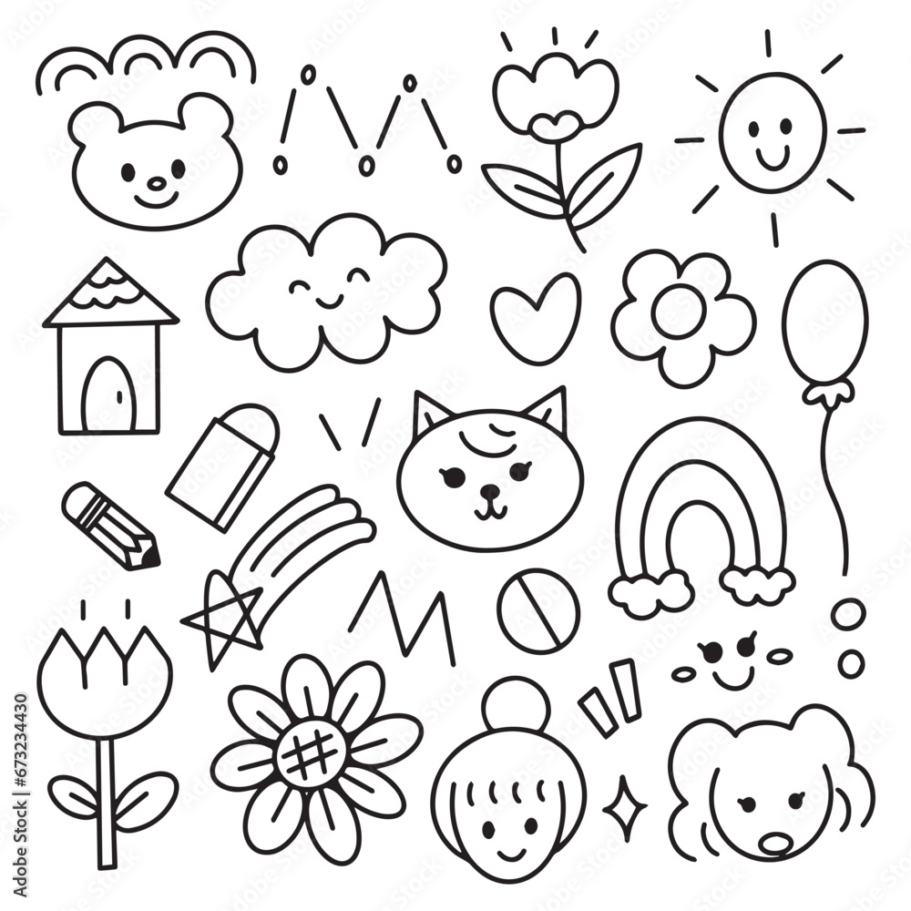 Doodle handdrawn cartoon with black line for element, illustration. Animal, cat, dog, girl, flower