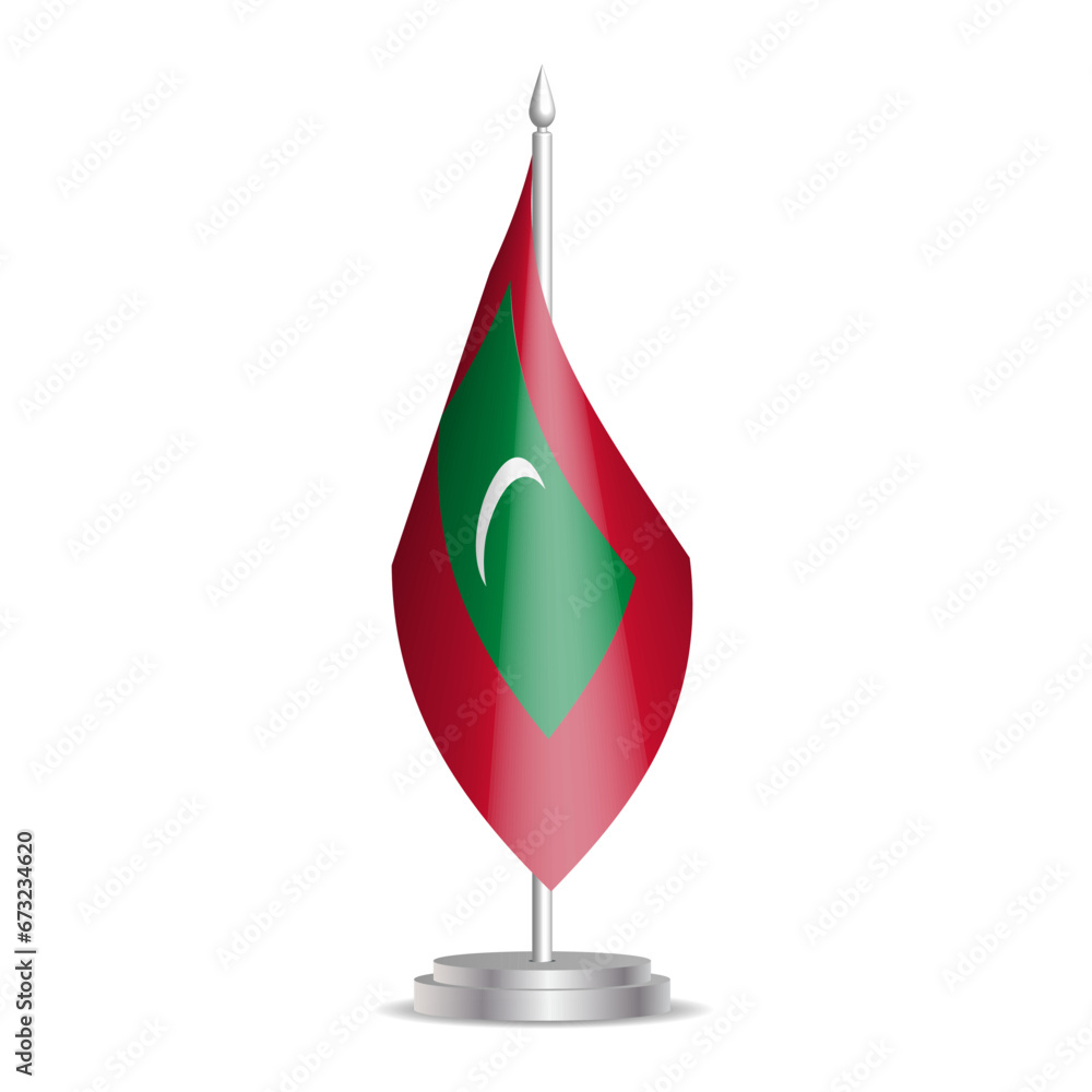 Obraz premium Maldives flag - 3D mini flag hanging on desktop flagpole. Usable for summit or conference presentaiton. Vector illustration with shading.