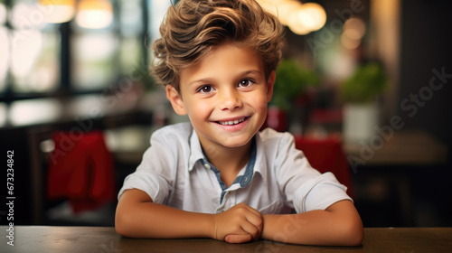 Cheerful boy in a red sweater is smiling at the Christmas dinner table, with lit candles and a decorated tree in the background, contributing to a festive atmosphere.