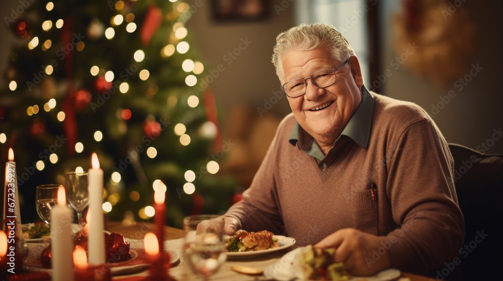 Elderly man smiling at a Christmas dinner table, with a decorated tree in the background and holiday decorations on the table Elderly man smiling at a Christmas dinner table, with a decorated tree in the background and holiday decorations on the table