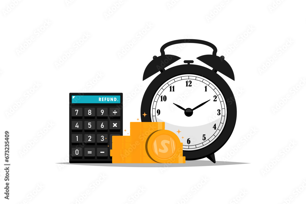Obraz premium Time refund concept, Alarm clock with calculator, money coin on isolated background, Vector illustration.