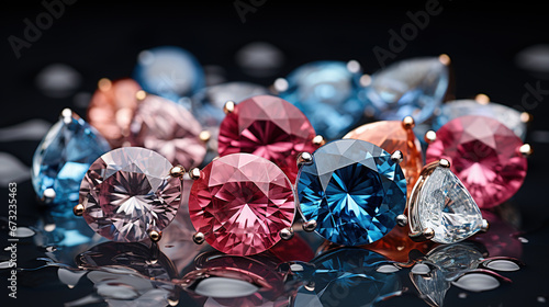 Loose Diamonds in All Shapes and Colours Round-Cushion-Asscher-Teardrop-Pear and Heart Shape etc on Blurry Background