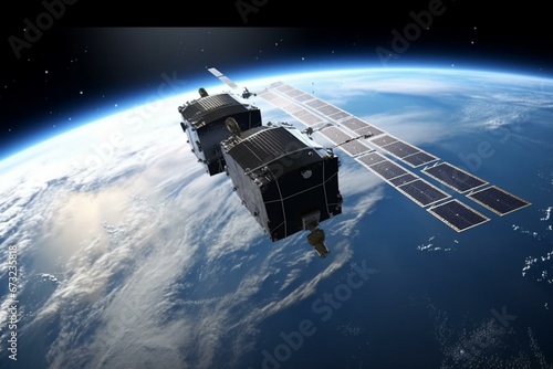 Satellites orbit and a cargo container hovers above Earth. Equipment is delivered to space stations and satellites. 3D image of Earth and elements. Generative AI
