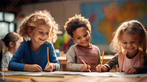 Group of little preschoolers sits at a desk in background of class photo