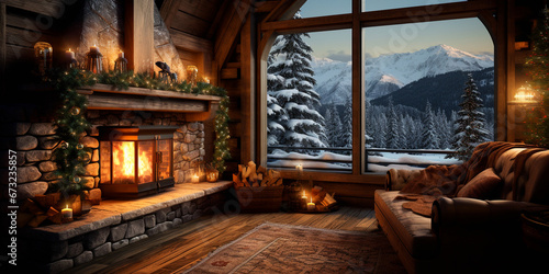 a cozy wooden chalet decorated for the new year in the snow-covered forest
