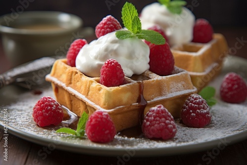 Delicious waffles topped with cream, raspberries, and sugar: a mouthwatering delight. Generative AI