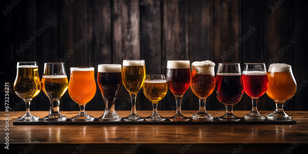 several glasses of various shapes and sizes with chilled beer on a wooden tabletop