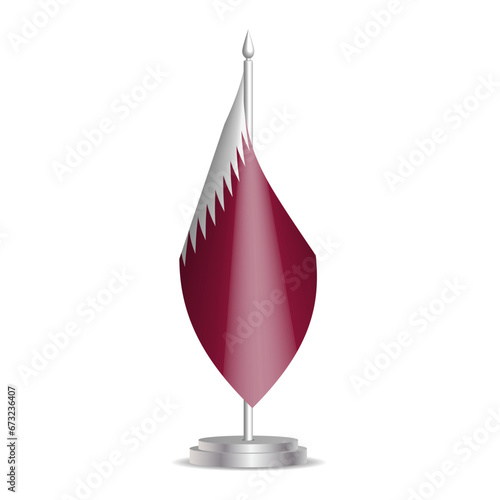 Qatar flag - 3D mini flag hanging on desktop flagpole. Usable for summit or conference presentaiton. Vector illustration with shading.