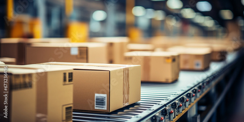 Closeup of multiple cardboard box packages seamlessly moving along a conveyor belt in a warehouse fulfillment center photo