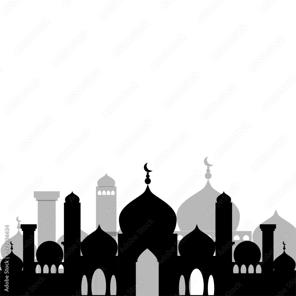 Islamic City landscape. Blue silhouette of the city. City landscape in a flat style.