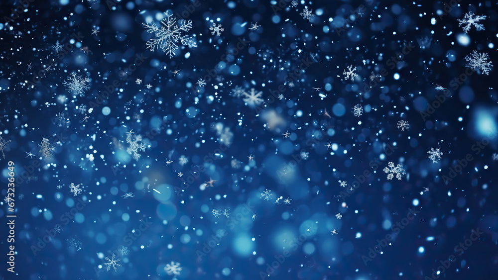 Falling snowflakes on night sky white background. Bokeh with white snow and snowflakes on a blue background. Falling snowflakes on night sky white background. Bokeh with white snow and snowflakes on a blue background.