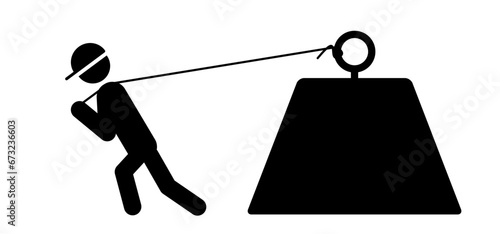 Man pulling weight. Stick figure man pulls a huge weight. Businessman twitch the big box with rope. Person lifting or pull heavy burden. Huge large block. Heavy load, ragging a giant heavy weight.