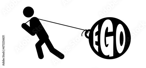 Man pulling weight, selfish man with a crown, ans the slogan ego. Man pulls a huge weight. Attract attention, selfish or narcissistic personality. selfishness, narcissism concept. Attract attention.