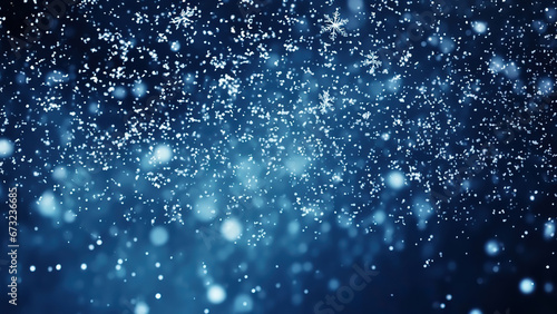Falling snowflakes on night sky white background. Bokeh with white snow and snowflakes on a blue background. photo