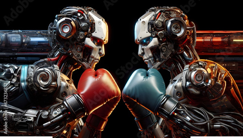 Two Robots Face to Face Wearing Red and Blue Boxing Gloves Depicted as AI Artificial Intelligence Competition photo
