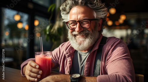 An older man in his 50s, dressed in modern attire, with gray hair, wrinkles, and glasses, enjoys a smoothie to kick off the spring detox round