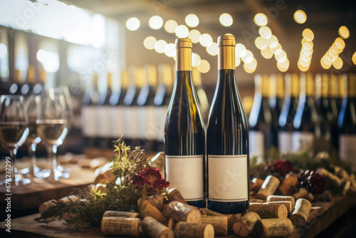 Wine bottles neatly arranged on a rustic table in a serene setting photo