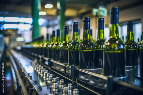 Wine bottling in a modern production line, featuring glass bottles and expert craftsmanship